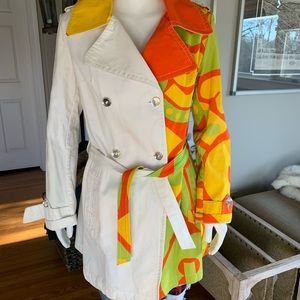 Retro funky hippie jacket. Colorful orange, lime green,white. Lucite buttons M